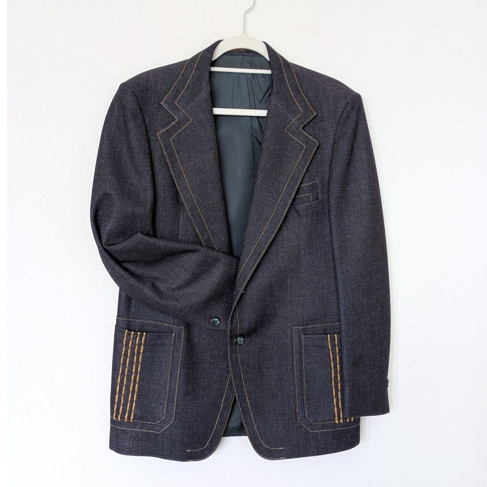 Royce Casuals Vtg Denim Blazer Mens L Blue 70s Western Contrast Stitch‎ Jacket